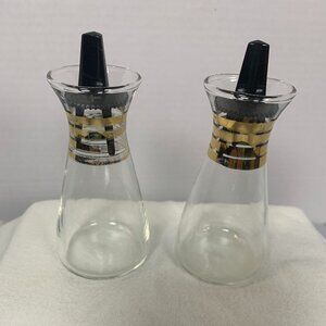 Vintage Pyrex Cruette Bottles Gold Stripes 4.5” Glass USA MCM Oil Vinegar Cruet